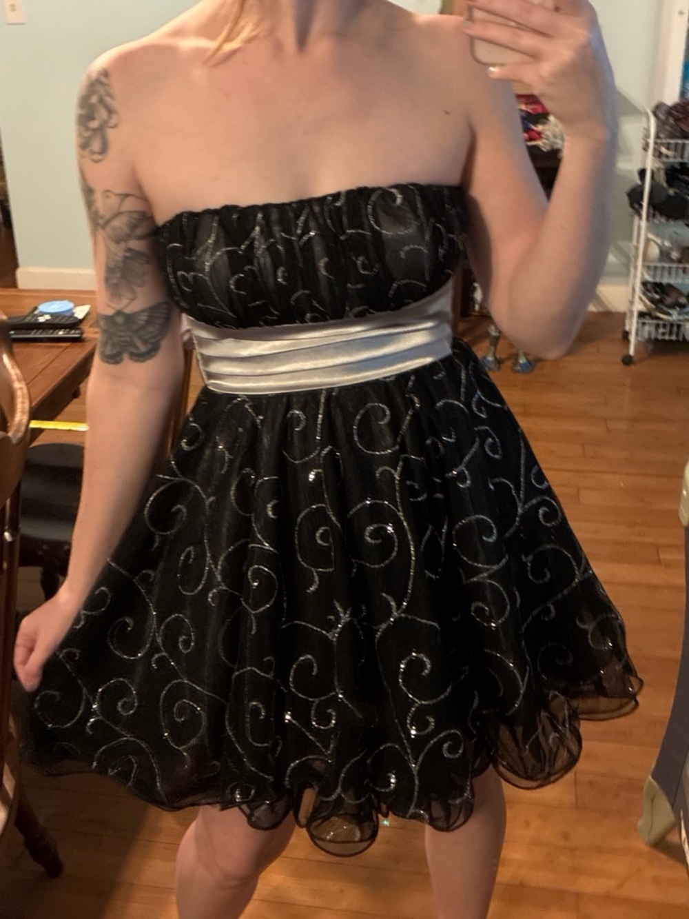 Strapless Black Party Dress with Silver Sash